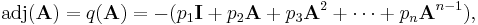  \mathrm{adj}(\mathbf{A}) = q(\mathbf{A}) = -(p_1 \mathbf{I} %2B p_2 \mathbf{A} %2B p_3 \mathbf{A}^2 %2B \cdots %2B p_{n} \mathbf{A}^{n-1}), 