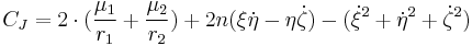 C_J=2 \cdot(\frac{\mu_1}{r_1}%2B\frac{\mu_2}{r_2})%2B 2n(\xi \dot \eta- \eta \dot \zeta) - (\dot \xi ^2%2B\dot \eta ^2%2B\dot \zeta^2)