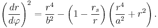 
\left( \frac{dr}{d\varphi} \right)^{2} = \frac{r^{4}}{b^{2}} -  \left( 1 - \frac{r_{s}}{r} \right) \left( \frac{r^{4}}{a^{2}} %2B r^{2} \right).
