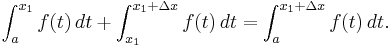 \int_{a}^{x_1} f(t) \,dt %2B \int_{x_1}^{x_1 %2B \Delta x} f(t) \,dt = \int_a^{x_1 %2B \Delta x} f(t) \,dt. 