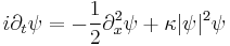 \displaystyle i\partial_t\psi=-{1\over 2}\partial^2_x\psi%2B\kappa|\psi|^2 \psi
