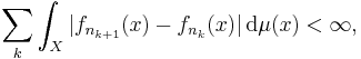 \sum_k \int_X |f_{n_{k%2B1}}(x) - f_{n_k}(x)| \, \mathrm{d}\mu(x) < \infty,