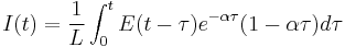 
I(t) = \frac{1}{L}\int_{0}^{t} E(t-\tau) e^{-\alpha\tau} ( 1 - \alpha \tau ) d\tau
