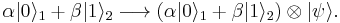 \alpha|0\rangle_{1} %2B \beta|1\rangle_{2}\longrightarrow \big(\alpha|0\rangle_{1} %2B \beta|1\rangle_{2}\big)\otimes|\psi\rangle.