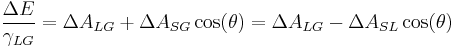 \frac{\Delta E}{\gamma_{LG}} = \Delta A_{LG} %2B \Delta A_{SG} \cos(\theta) = \Delta A_{LG} - \Delta A_{SL} \cos(\theta)\,