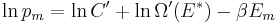 \ln p_m = \ln C' %2B \ln \Omega'(E^\ast) - \beta E_m \,