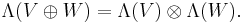 \Lambda(V\oplus W)= \Lambda(V)\otimes\Lambda(W).