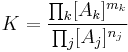 K=\frac{\prod_k [A_k]^{m_k}}{\prod_j [A_j]^{n_j}}