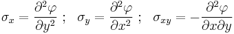 
  \sigma_x = \frac{\partial^2\varphi}{\partial y^2} ~;~~
  \sigma_y = \frac{\partial^2\varphi}{\partial x^2} ~;~~
  \sigma_{xy} = -\frac{\partial^2\varphi}{\partial x \partial y}
 