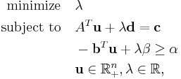 
\begin{align}
\text{minimize} \quad & \lambda \\
\text{subject to} \quad & A^T\mathbf{u} %2B \lambda \mathbf{d} = \mathbf{c} \\
& -\mathbf{b}^T \mathbf{u} %2B \lambda \beta \geq \alpha \\
& \mathbf{u} \in \mathbb{R}_%2B^n, \lambda \in \mathbb{R},
\end{align}
