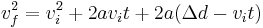 v_f^2 = v_i^2 %2B 2av_it %2B 2a(\Delta d - v_it)