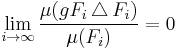 \lim_{i\to\infty}\frac{\mu(gF_i\,\triangle\,F_i)}{\mu(F_i)} = 0