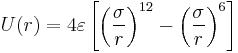 
U(r) = 4\varepsilon \left[ \left(\frac{\sigma}{r}\right)^{12} - \left(\frac{\sigma}{r}\right)^{6} \right]
