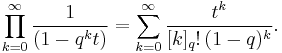 \prod_{k=0}^\infty \frac{1}{(1-q^kt)}=\sum_{k=0}^\infty  
\frac{t^k}{[k]_q!\,(1-q)^k} . 