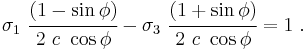 
   \sigma_1~\cfrac{(1-\sin\phi)}{2~c~\cos\phi} - \sigma_3~\cfrac{(1%2B\sin\phi)}{2~c~\cos\phi} = 1 ~.
 