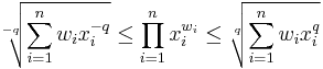 \sqrt[-q]{\sum_{i=1}^nw_ix_i^{-q}}\leq \prod_{i=1}^nx_i^{w_i} \leq \sqrt[q]{\sum_{i=1}^nw_ix_i^q}