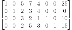 
  \begin{bmatrix}
    1 & 0 & 5 & 7 & 4 & 0 & 0 & 25 \\  
    0 & 1 & 2 & 3 & 4 & 0 & 0 &  0 \\   
    0 & 0 & 3 & 2 & 1 & 1 & 0 & 10 \\
    0 & 0 & 2 & 5 & 3 & 0 & 1 & 15
  \end{bmatrix}
