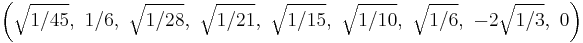 \left(\sqrt{1/45},\ 1/6,\ \sqrt{1/28},\ \sqrt{1/21},\ \sqrt{1/15},\ \sqrt{1/10},\ \sqrt{1/6},\ -2\sqrt{1/3},\ 0\right)