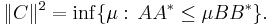 \Vert C \Vert^2=\inf\{\mu�:\,AA^*\leq\mu BB^*\}.