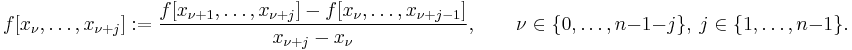 f[x_\nu,\ldots,x_{\nu%2Bj}]�:= \frac{f[x_{\nu%2B1},\ldots , x_{\nu%2Bj}] - f[x_\nu,\ldots , x_{\nu%2Bj-1}]}{x_{\nu%2Bj}-x_\nu}, \qquad \nu\in\{0,\ldots,n-1-j\},\ j\in\{1,\ldots,n-1\}.