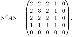 
S^{T}AS=\begin{pmatrix}
2 & 2 & 2 & 1 & 0 \\
2 & 3 & 2 & 1 & 0 \\
2 & 2 & 2 & 1 & 0 \\
1 & 1 & 1 & 1 & 0 \\
0 & 0 & 0 & 0 & 0
\end{pmatrix}.