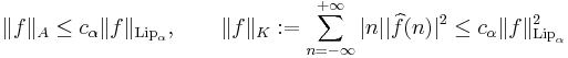 \|f\|_A\le c_\alpha \|f\|_{{\rm Lip}_\alpha},\qquad
\|f\|_K:=\sum_{n=-\infty}^{%2B\infty} |n| |\widehat{f}(n)|^2\le  c_\alpha \|f\|^2_{{\rm Lip}_\alpha}