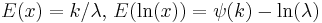 E(x)=k/\lambda,\,E(\ln(x))=\psi(k)-\ln(\lambda)