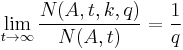 \lim_{t\to\infty} \frac{N(A,t,k,q)}{N(A,t)} = \frac {1}{q}