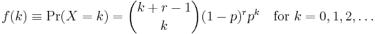 
    f(k) \equiv \Pr(X = k) = {k%2Br-1 \choose k} (1-p)^r p^k \quad\text{for }k = 0, 1, 2, \dots
  