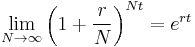 \lim_{N\to\infty}\left(1%2B\frac{r}{N}\right)^{Nt}=e^{rt}