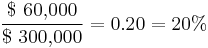 \frac{\$\ \mbox{60,000}}{\$\ \mbox{300,000}}=0.20=20\%