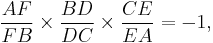 \frac{AF}{FB} \times \frac{BD}{DC} \times \frac{CE}{EA} = -1,