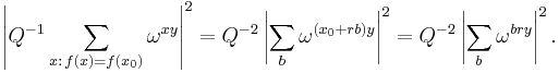  \left| Q^{-1} \sum_{x:\, f(x)=f(x_0)} \omega^{x y} \right|^2
= Q^{-2} \left| \sum_{b} \omega^{(x_0 %2B r b) y} \right|^2 = Q^{-2} \left| \sum_{b} \omega^{ b r y} \right|^2.
