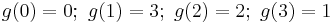  g(0) = 0;~ g(1) = 3;~ g(2) = 2;~ g(3) = 1  