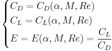  \begin{cases}
C_D = C_D ( \alpha , M , Re) \\
C_L = C_L ( \alpha , M , Re) \\
E = E ( \alpha , M , Re) = \dfrac{C_L}{C_D} \\
\end{cases}
 