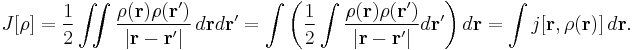 J[\rho] = \frac{1}{2}\iint \frac{\rho(\mathbf{r}) \rho(\mathbf{r}')}{\vert \mathbf{r}-\mathbf{r}' \vert}\, d\mathbf{r} d\mathbf{r}' = \int \left(\frac{1}{2}\int \frac{\rho(\mathbf{r}) \rho(\mathbf{r}')}{\vert \mathbf{r}-\mathbf{r}' \vert} d\mathbf{r}'\right) d\mathbf{r} = \int j[\mathbf{r},\rho(\mathbf{r})]\, d\mathbf{r}.