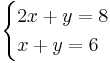 
\begin{cases}
2x %2B y = 8\\
x %2B y = 6
\end{cases}
