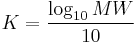 K = \frac{\log_{10}{MW}} {10}