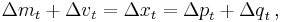 {\Delta m}_t %2B {\Delta v}_t = {\Delta x}_t = {\Delta p}_t %2B {\Delta q}_t \,,