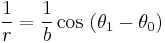 
\frac{1}{r} = \frac{1}{b} \cos\ (\theta_1 - \theta_0)
