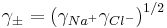 \gamma_{\pm} = \left(\gamma_{Na^%2B}\gamma _{Cl^-}\right )^{1/2}