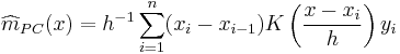 
\widehat{m}_{PC}(x) = h^{-1} \sum_{i=1}^n (x_i - x_{i-1}) K\left(\frac{x-x_i}{h}\right) y_i
