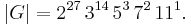 |G| = 2^{27}\,3^{14}\,5^3\,7^2\,11^1.\,\!