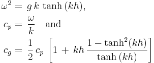 
\begin{align}
  \omega^2 &=\, g\, k\, \tanh\, (kh), \\
  c_p &=\, \frac{\omega}{k} \quad \text{and} \\
  c_g &=\, \frac12\, c_p\, \left[ 1\, %2B\, kh\, \frac{1 - \tanh^2 (kh)}{\tanh\, (kh)} \right]
\end{align}
