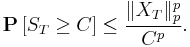 \mathbf{P} \left[ S_{T} \geq C \right] \leq \frac{\| X_{T} \|_{p}^{p}}{C^{p}}.