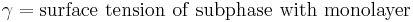  \gamma = \mathrm{surface \ tension \ of \ subphase \ with \ monolayer}  