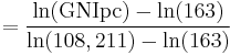 = \frac{\ln(\textrm{GNIpc}) - \ln(163)}{\ln(108,211) - \ln(163)}