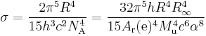 \sigma = \frac{2 \pi^5 R^4}{15 h^3 c^2 N_{\rm A}^4} = \frac{32 \pi^5 h R^4 R_{\infty}^4}{15 A_{\rm r}({\rm e})^4 M_{\rm u}^4 c^6 \alpha^8}