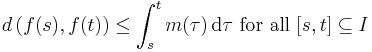 d \left( f(s), f(t) \right) \leq \int_{s}^{t} m(\tau) \, \mathrm{d} \tau \mbox{ for all } [s, t] \subseteq I