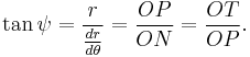 \tan\psi=\frac{r}{\tfrac{dr}{d\theta}}=\frac{OP}{ON}=\frac{OT}{OP}.